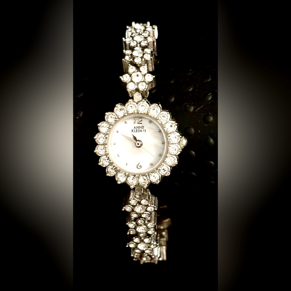 Anne Klein II Watch Gemstone Floral Band Round MOP Face New Battery